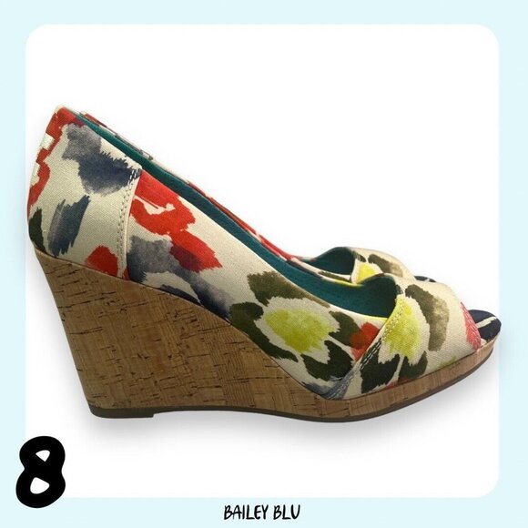 TOMS Stella Tangerine Watercolor Floral Peep Toe Wedge Sandal Heels Shoes 8 New - Picture 2 of 7